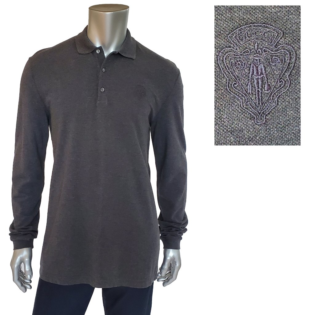 Gucci Mens Polo Shirt Dark Gray Cotton Hysteria Logo Long Sleeve Sz Xxl